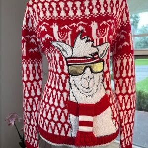 Joyland Cozy Red Ugly Christmas Sweater with Llama Design Party Attire